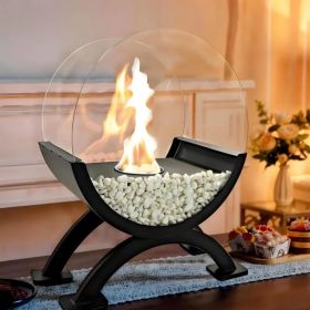 Round Glass Large Tabletop Fireplace 12.5 Inch H Portable Fire Bowl Pot Clean Burning Fireplace For Indoor Outdoor Patio Parties Events Black (Option: black)